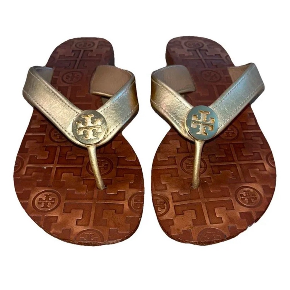 Tory Burch Thora Metallic Gold 710 Thong Flip Flop Sandals Size 6